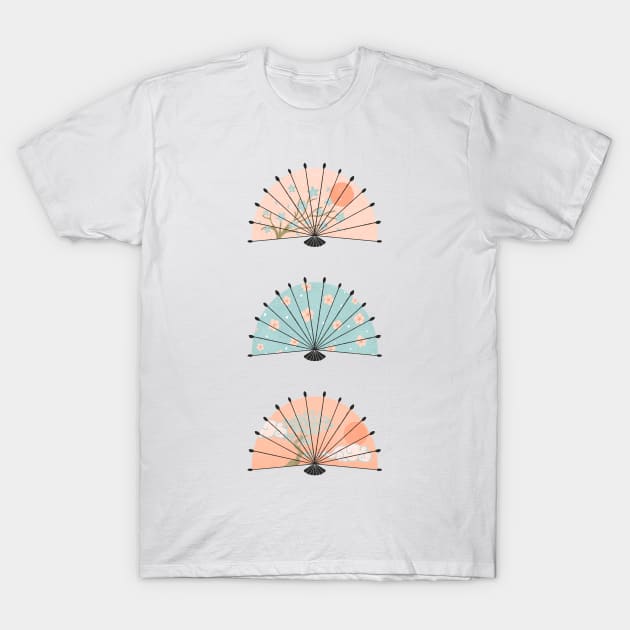 Japanese fans - peach fuzz and blue T-Shirt by Home Cyn Home 